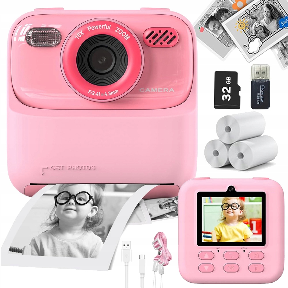 Digitální Fotoaparáty Pro Děti Okamžité Multifunkční 1080P 32GB Růžové