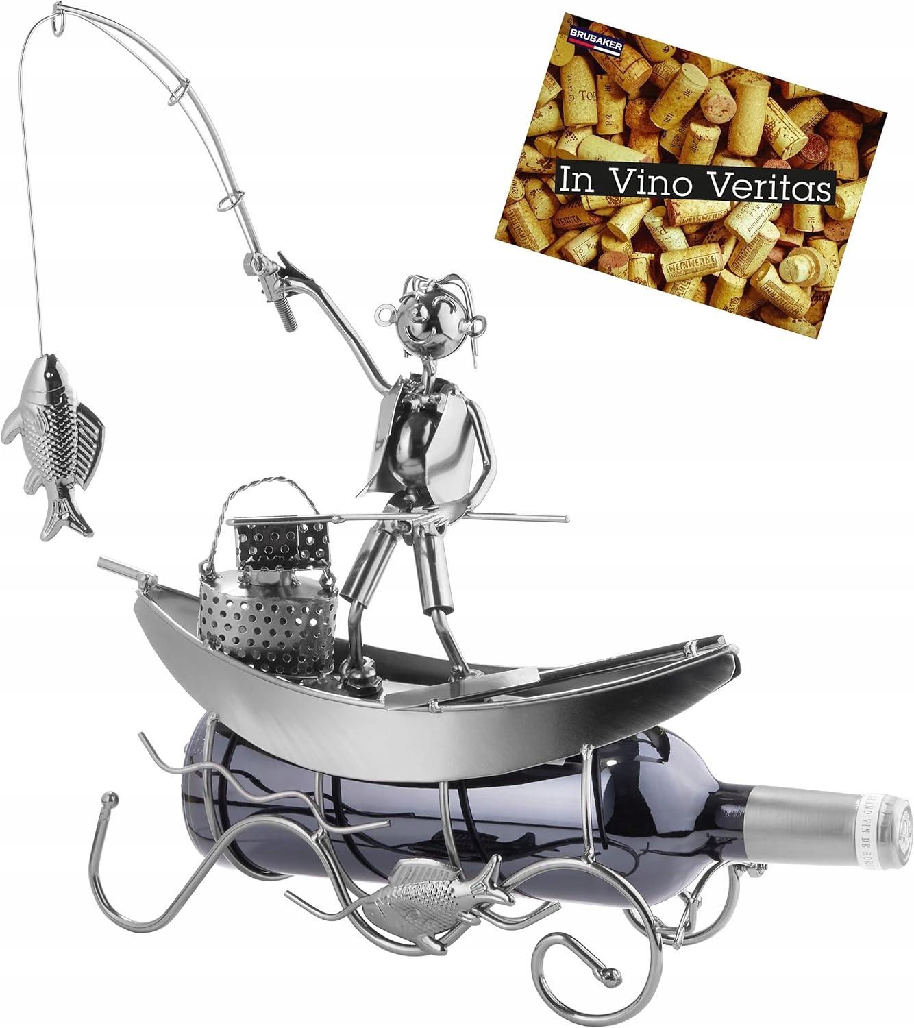 Stojan Na Víno Rybář V Lodi Kovový 37 CM Dárek Pro Rybáře