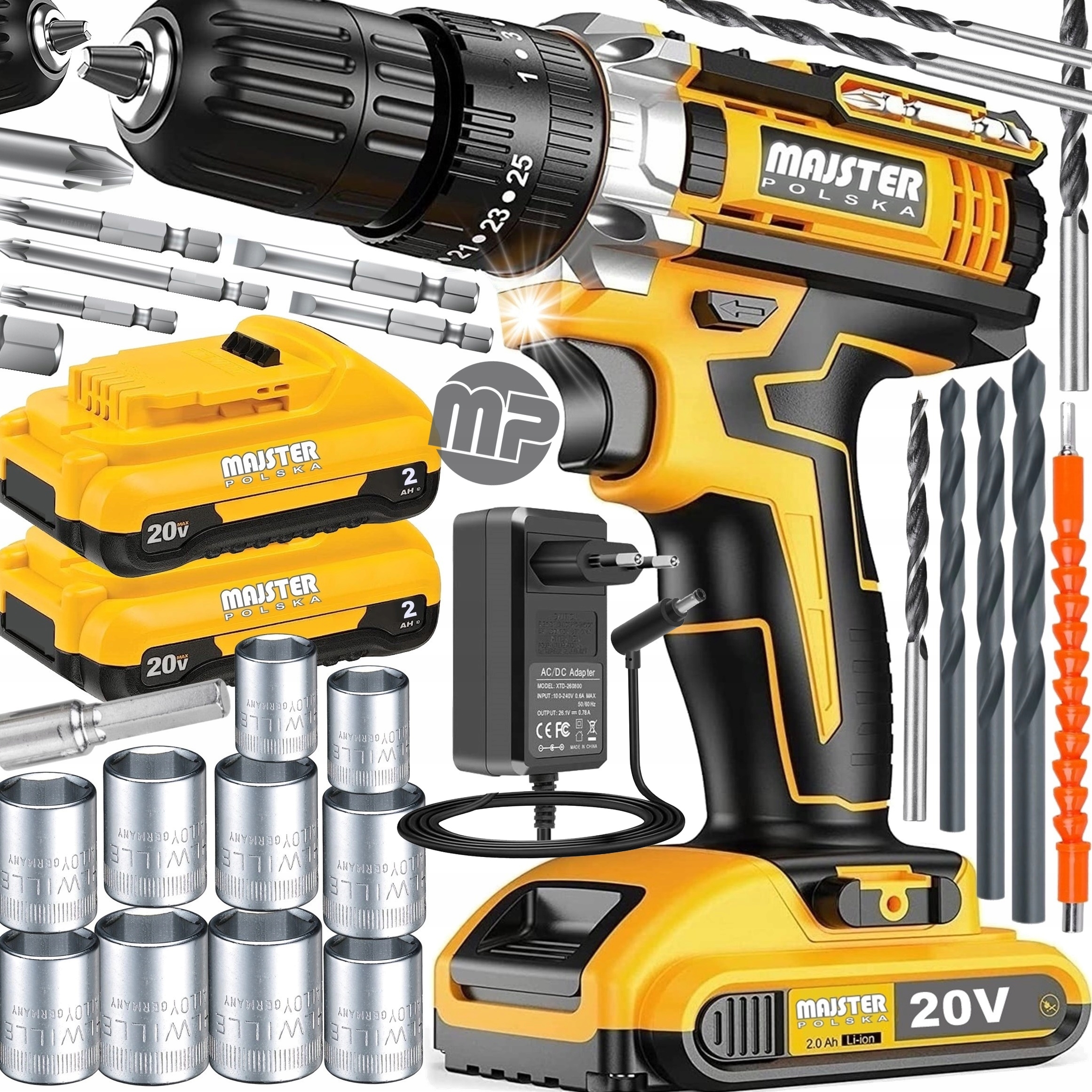 Udarowa Wiertarko Wkrętarka Akumulatorowa Bity Nasadki Walizka 2xAKU 20V XL