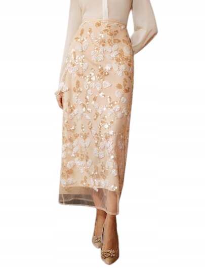 Béžová Flitrová Maxi Sukně Shein 40/42 Rovný Vzorek, 1GA