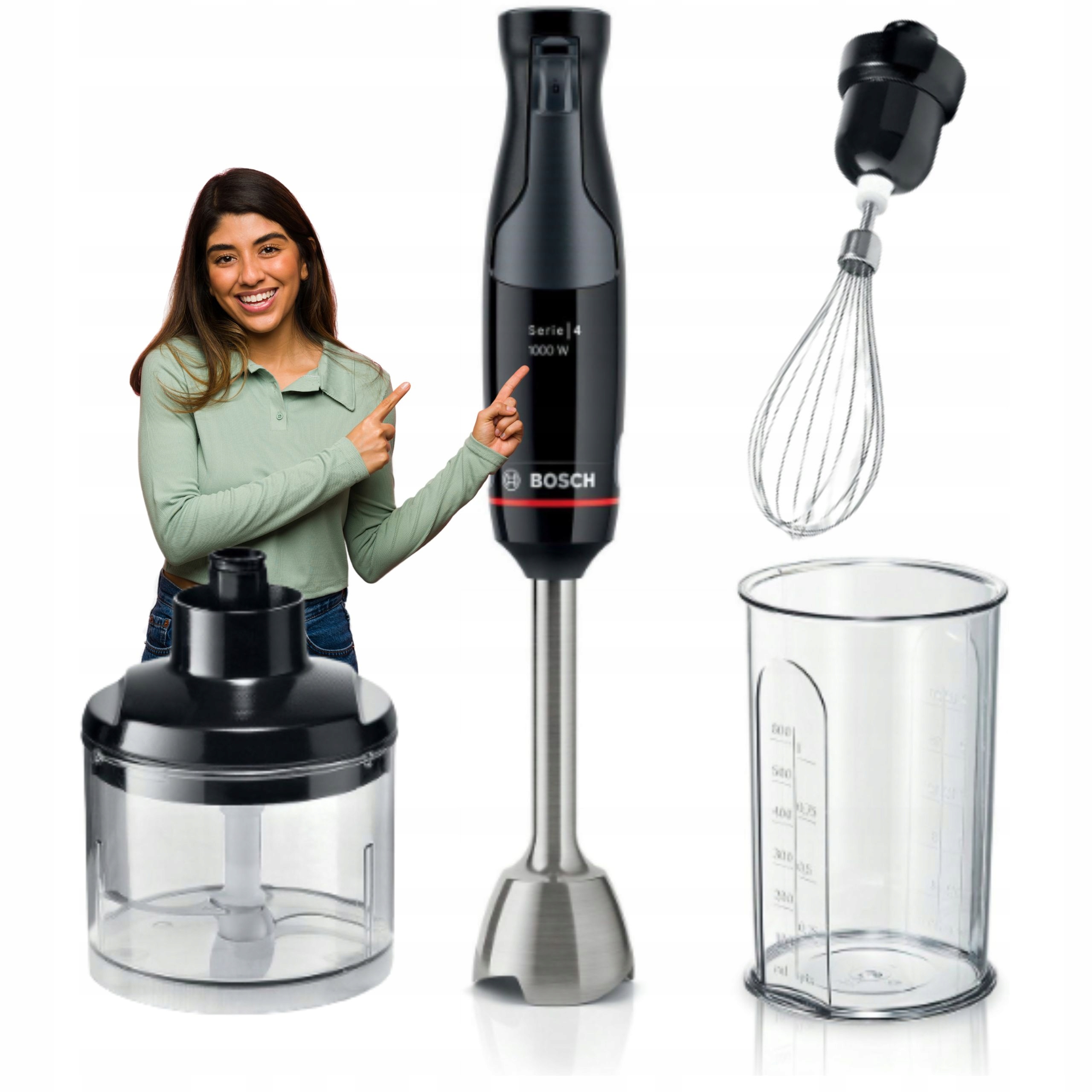Bosch Blender Ręczny 1000 W Końcówka Do Ubijania Rozdrabniacz Pojemnik 0,6L