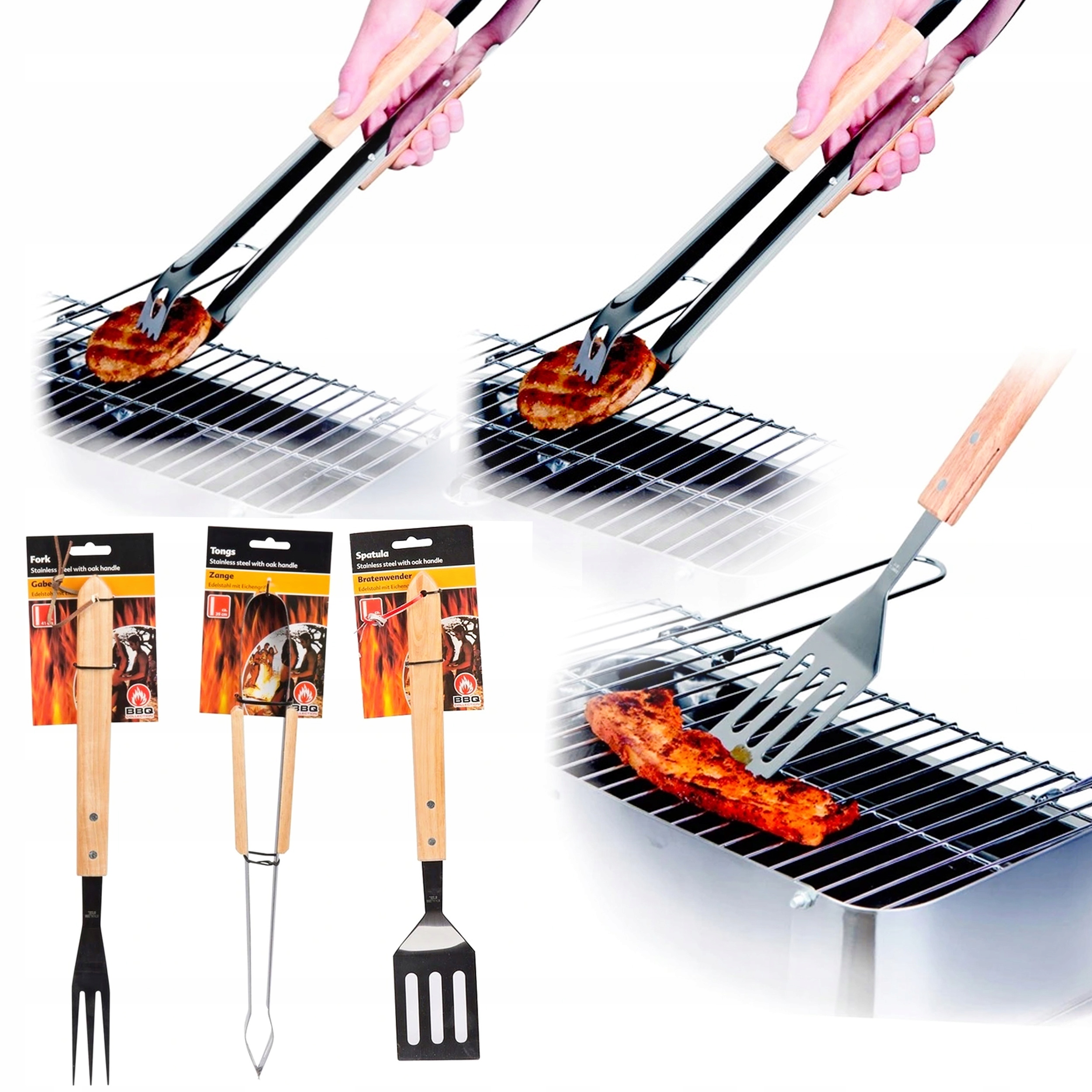 ZESTAW PRZYBORÓW GRILL ŁOPATKA+WIDELEC+SZYPCE STAL