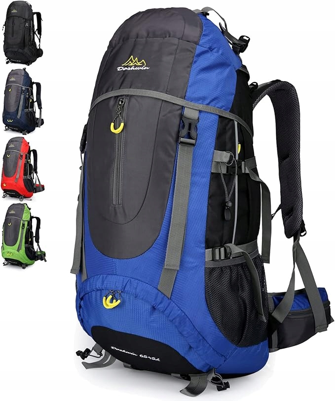 Duży czarny plecak podróżny kempingowy Doshwin 70 l z wodoodporną torbą