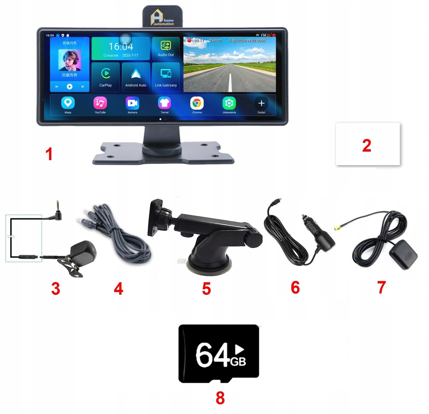Radio Stacja Rejestrator Monitor samochodowy Kamera Nawigacja GPS Android Cechy dodatkowe Android Carplay GPS Podział ekranu WiFi, Bluetooth, Transmiter FM
