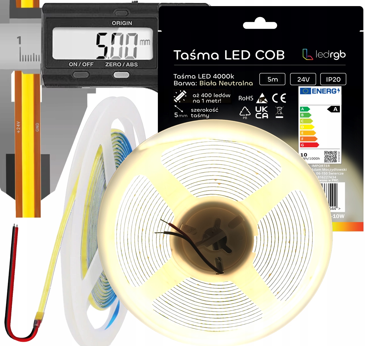 Taśma Led Neon Cob 24V 5m 400 diod 4000K Biała Neutralna Cienka 5MM Jasna