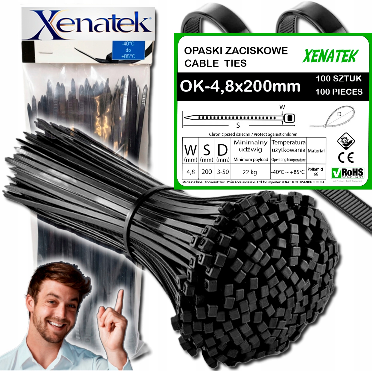 Bardzo Mocne Opaski Zaciskowe 4,8x200mm 100 Szt Czarne Trytytki Kablowe