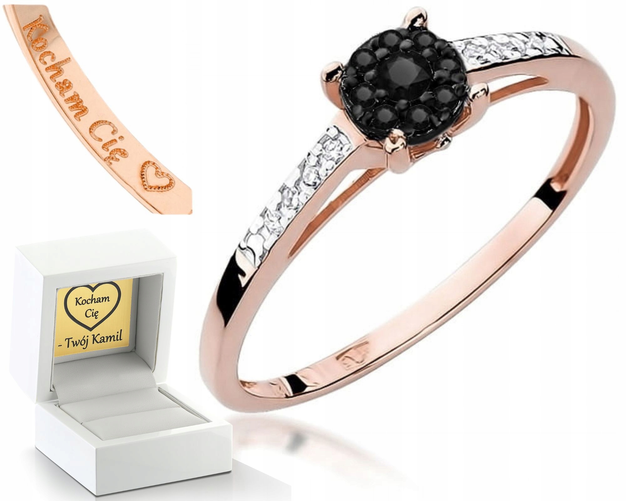 Prstýnek Prsten Z Růžového Zlata S Černými Diamanty A Gravírováním Gravírování Diamantů