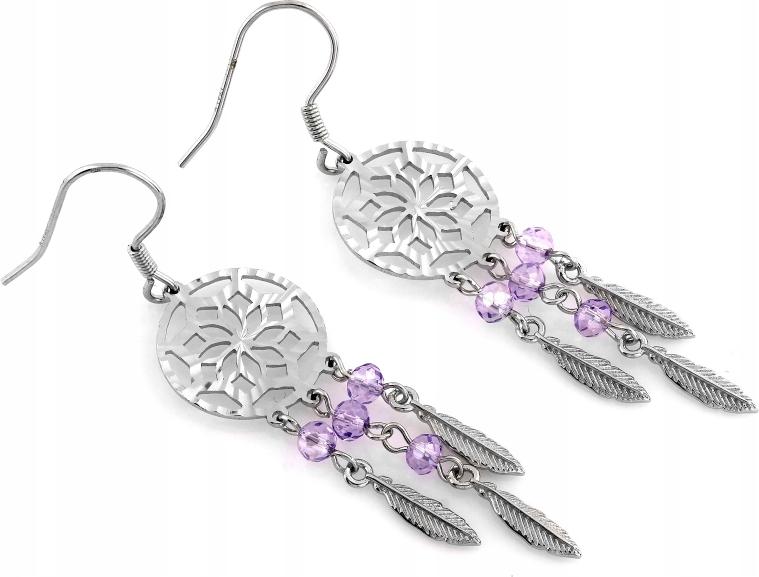 Stříbrné náušnice visící na biglu 925 lapače snů s fialovými kameny