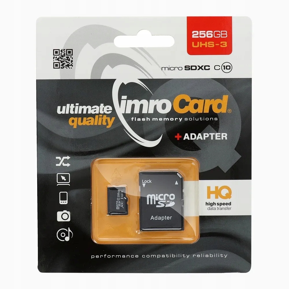 Paměťová karta Imro microSD 256 Gb Class 10 Uhs 3 100 MB/s adaptérem Sd