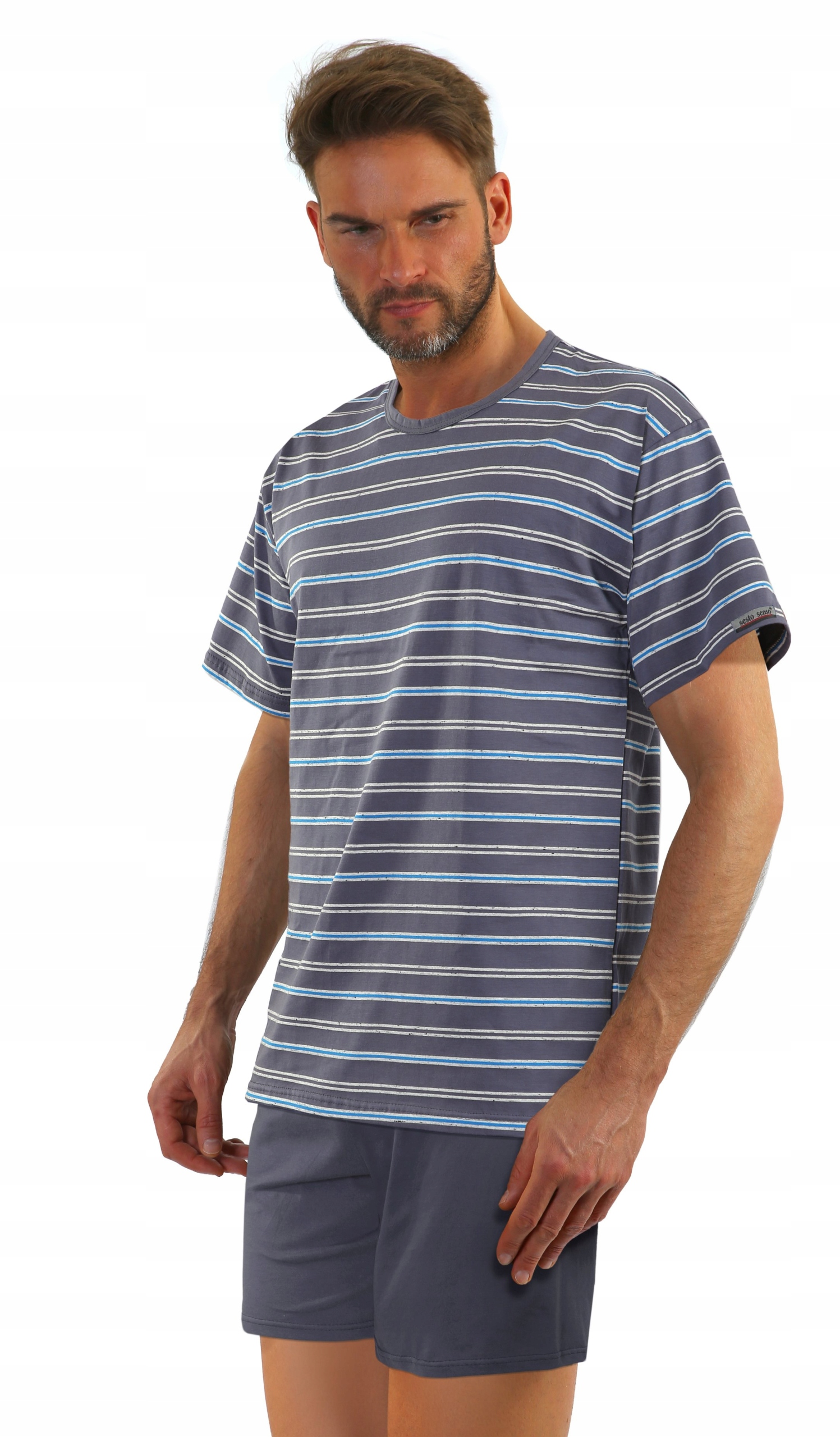 Sesto Senso Pánské pruhované pyžamo Krátké bavlněné Grafitové pruhy 3XL