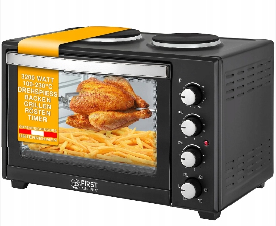 Piekarnik elektryczny 1600W 2w1 Kuchenka 2 palniki Termoobieg 45L rożno