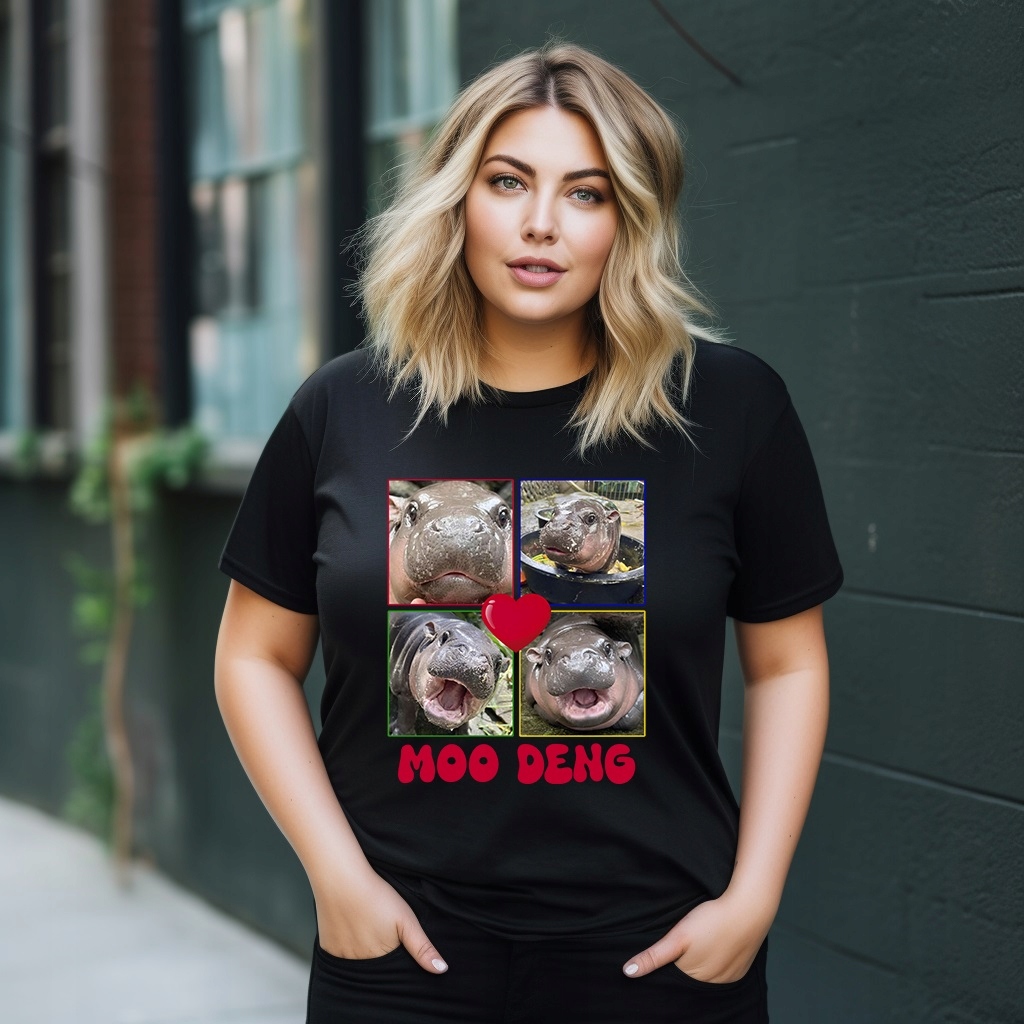 KOSZULKA T-SHIRT CZARNY DAMSKA HIPOPOTAM I LOVE MOO DENG