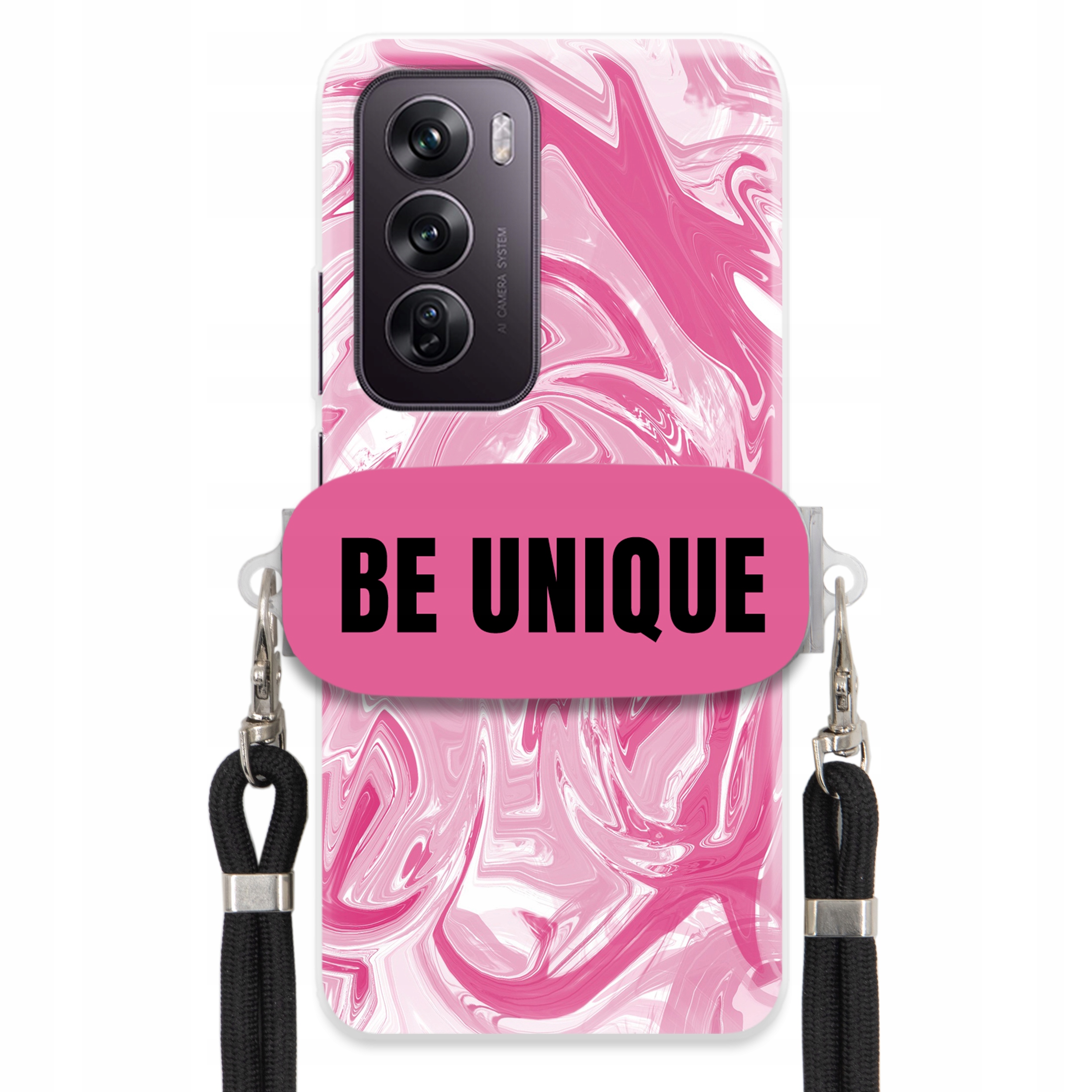 Puzdro pre Oppo Reno 12 Pro 5G Case držiak na šnúrku Čierna ružová Mramor Unique