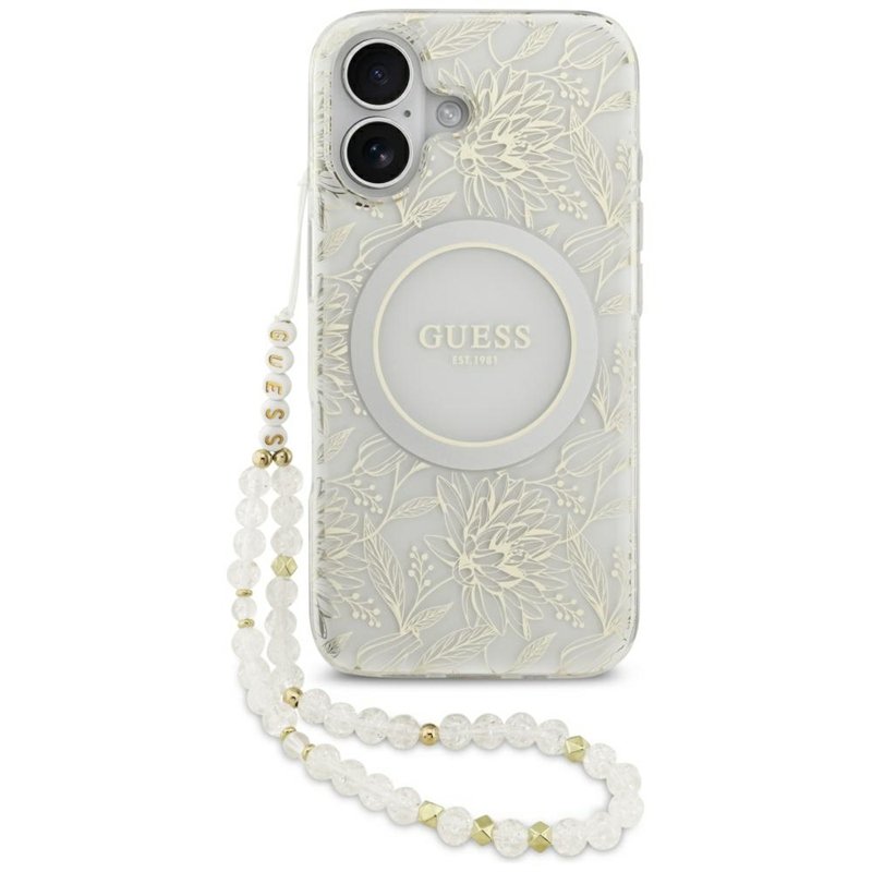 Guess IML Flowers Electro Pearl Strap MagSafe – Pouzdro pro iPhone 17 (bílé)
