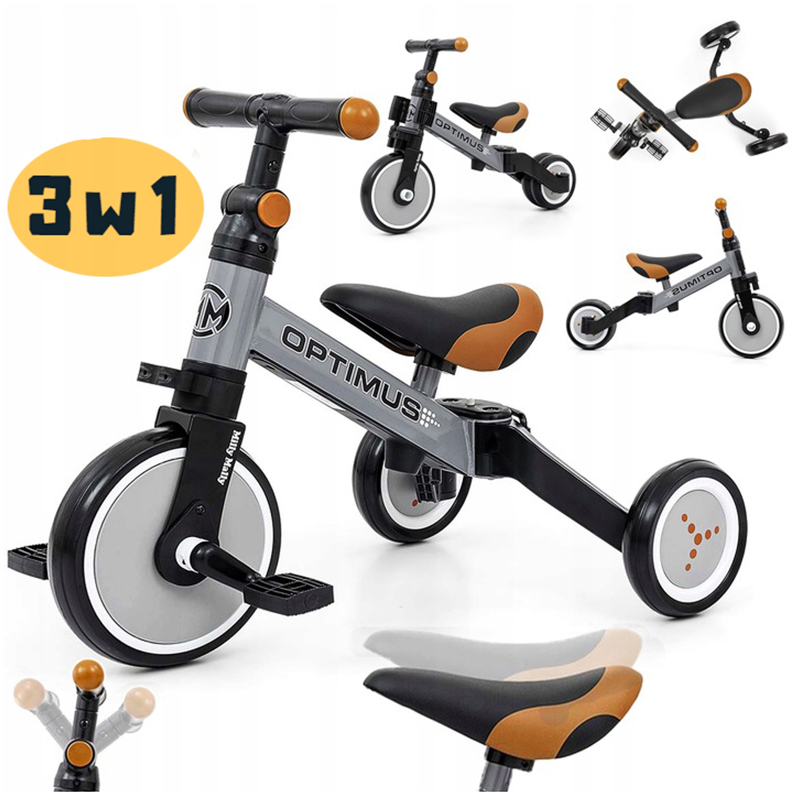 Rowerek Dziecięcy Biegowy Trójkołowy Jeździk Optimus 4w1 0-25 Kg Regulacja