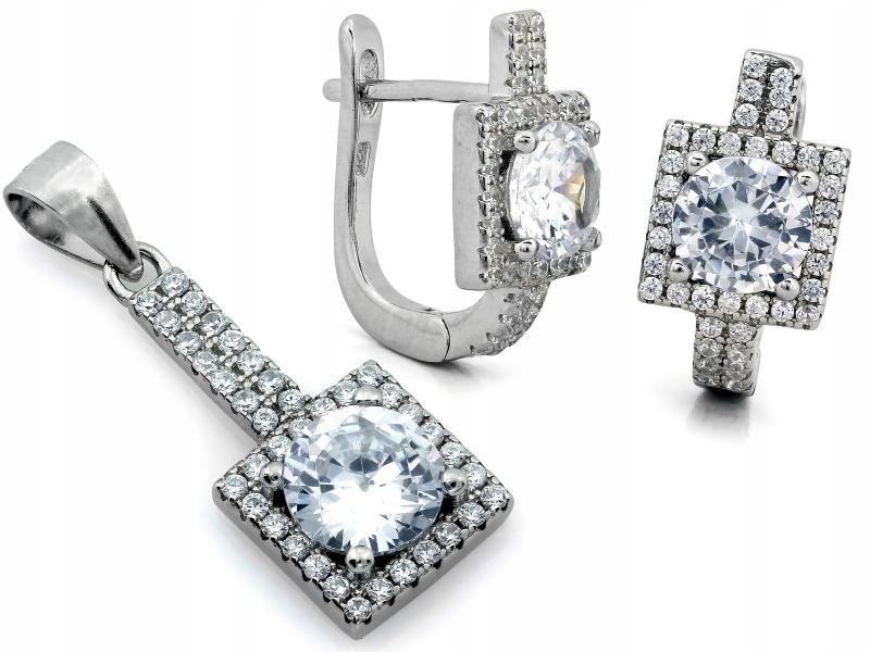 Sada stříbrných šperků 925 náušnice a přívěsek čtverce se zirkony