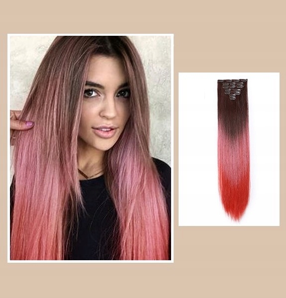 Vlasy clip in 7 pásů hnědo-červené vlasové příčesky rovné 60 cm