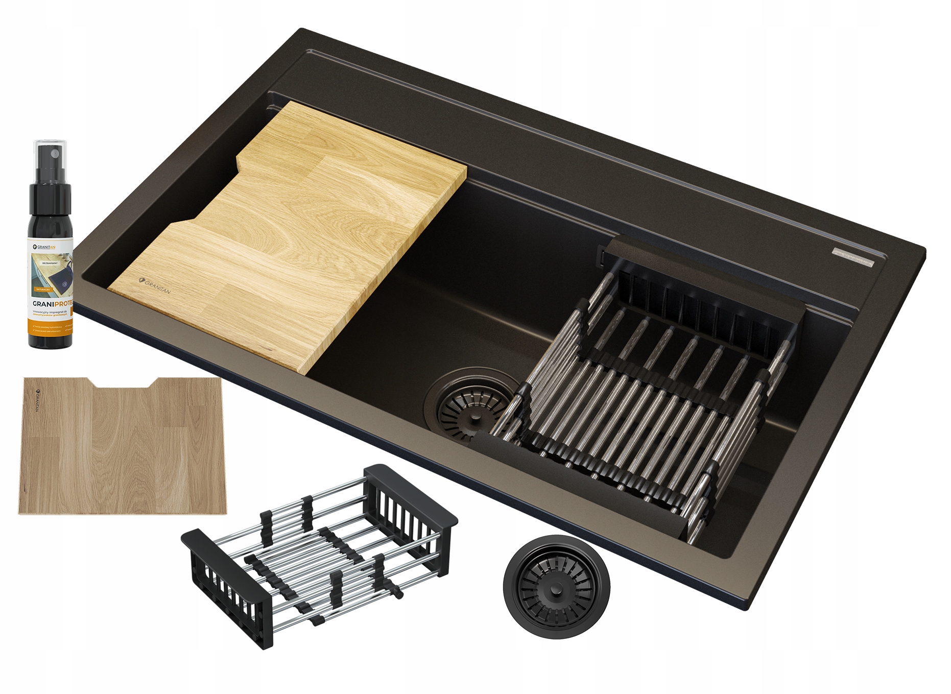 Dřez Černý Granit Velká Dřevěná Deska Odkapávač Sifon Sada Asti