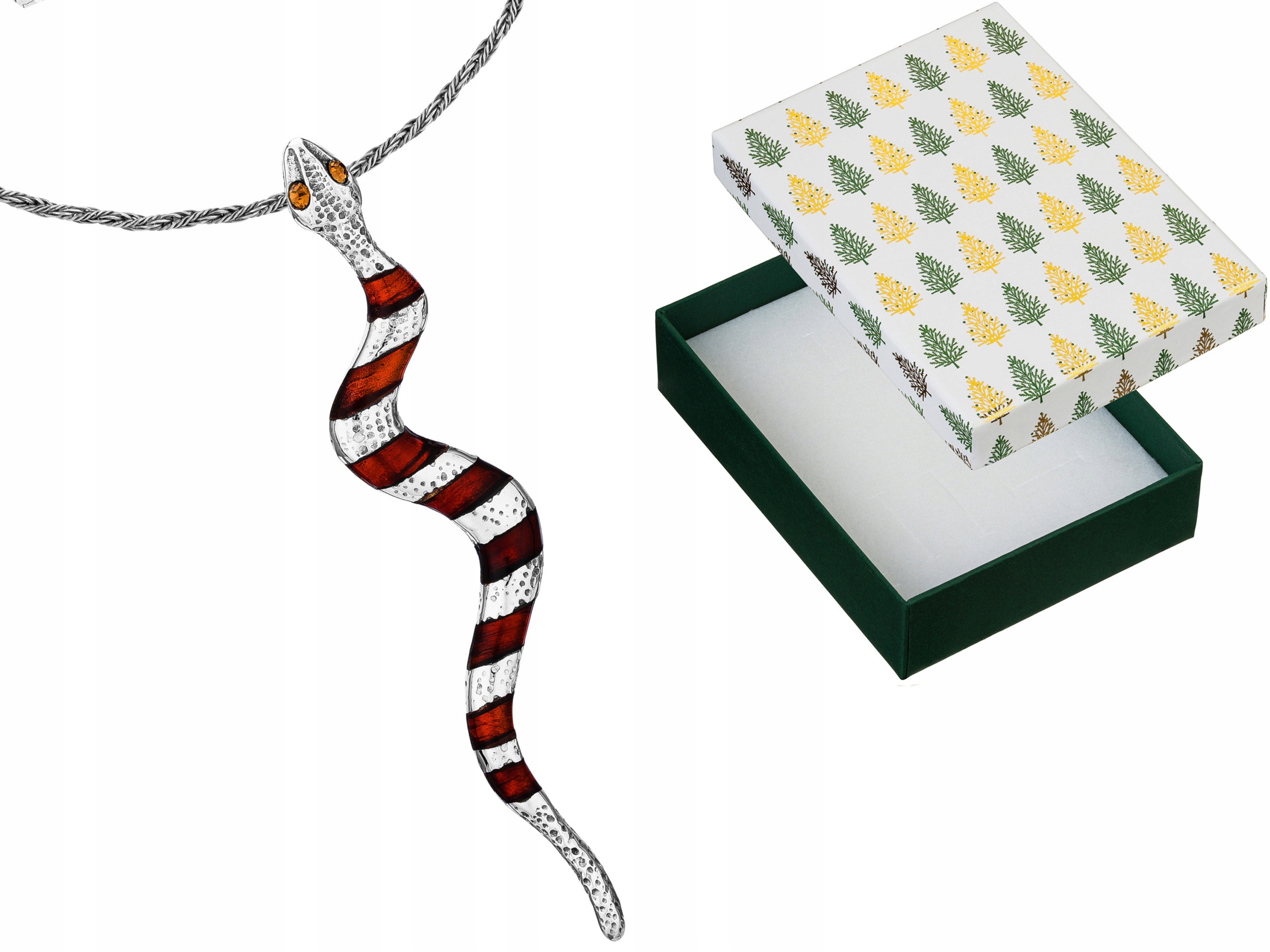 Stříbrný náhrdelník s hadem a jantarem Dlouhý had ze stříbra Jantar 35 cm