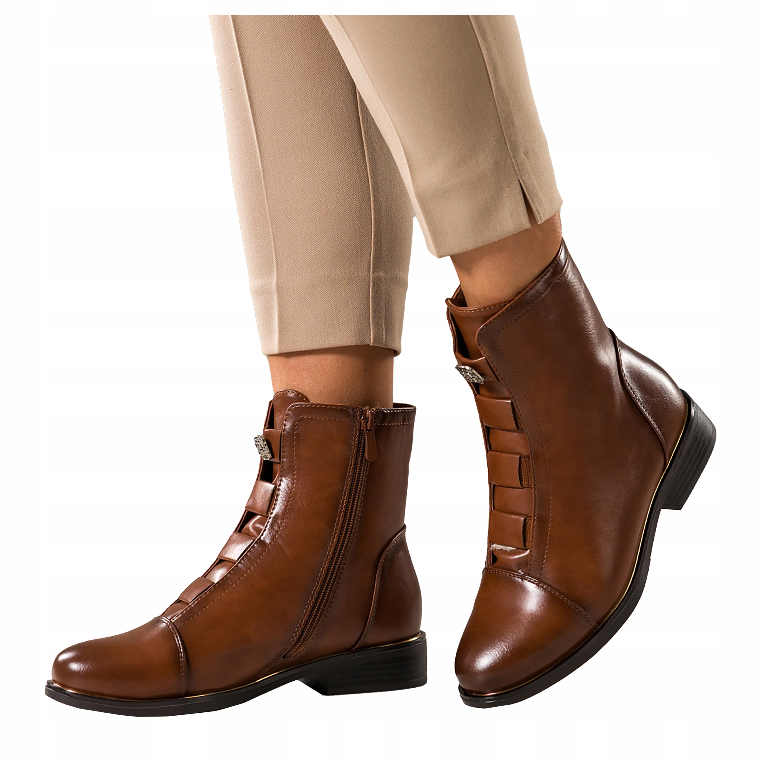 Kotníkové Boty Hnědé Dámské Pohodlné Ploché Podpatky Modní S Ozdobou Elastické r 39