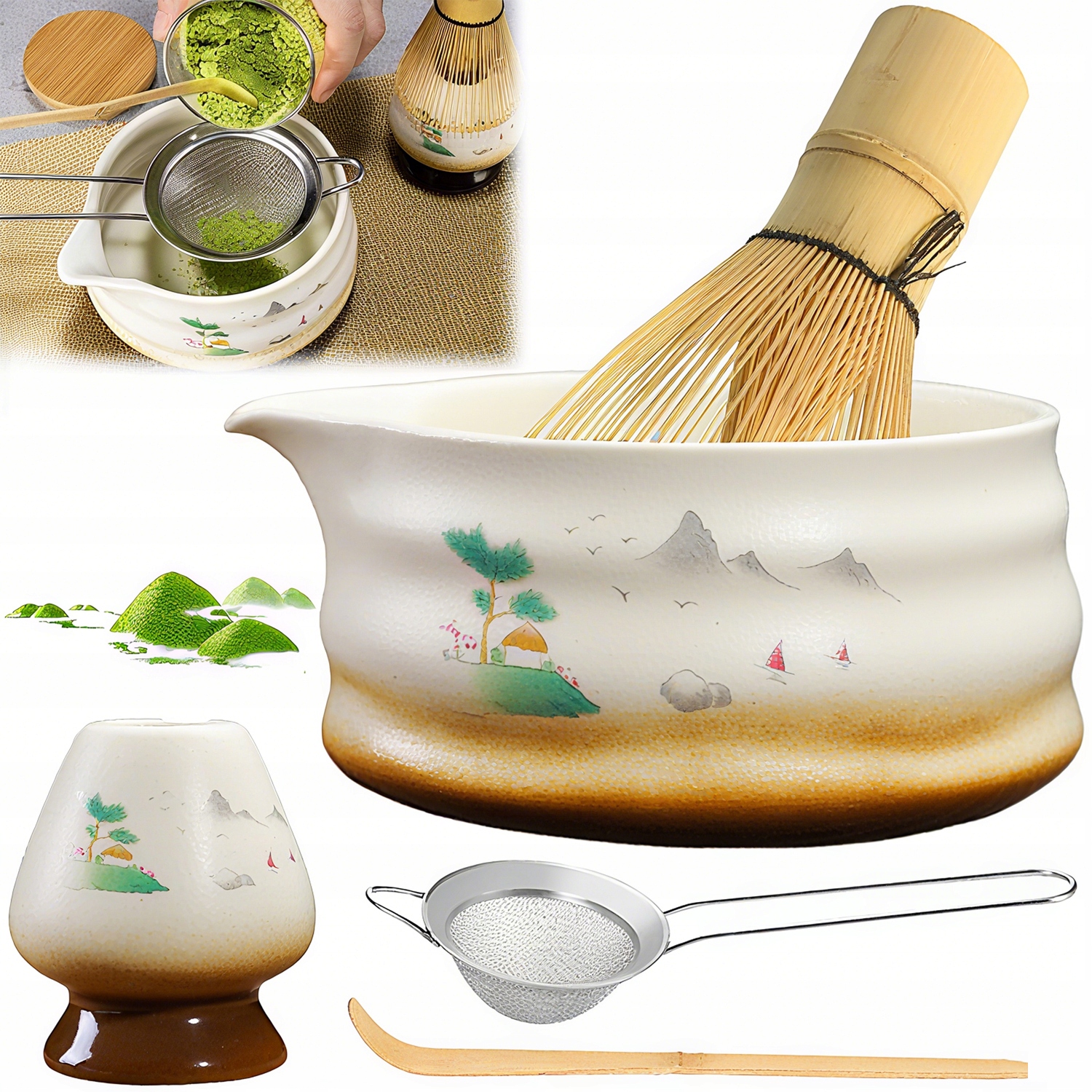 Levně Japonská Sada Matcha s Keramickou Čawan a Stojanem na Příslušenství Heraciane