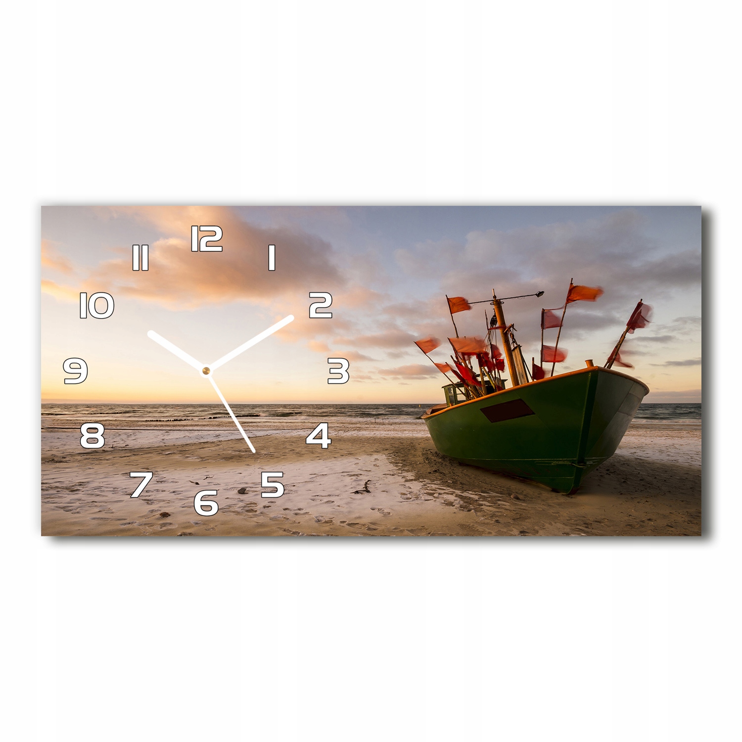

Zegar ścienny szklany Kuter rybacki plaża 60x30 cm