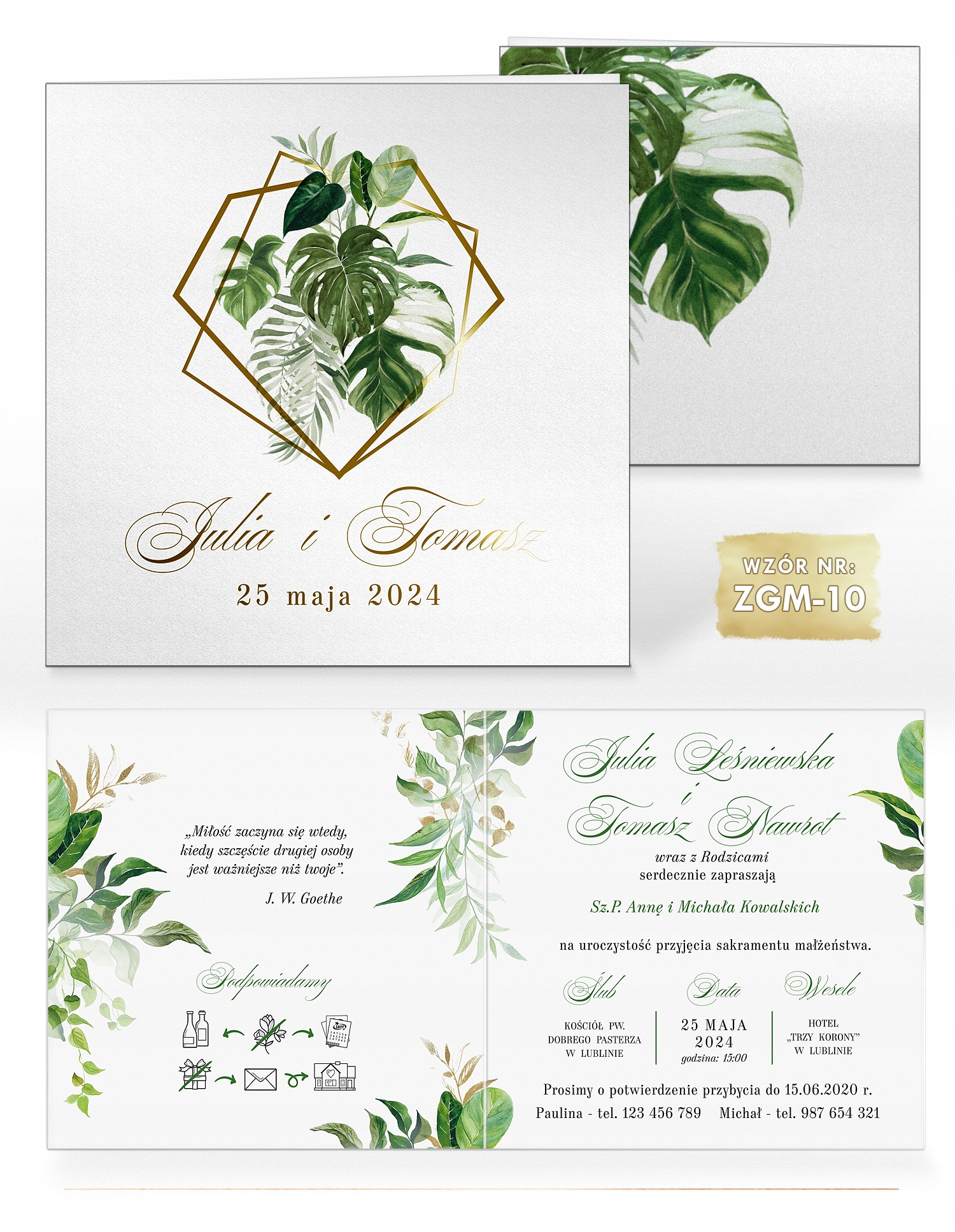 Zaproszenia ślubne ZŁOCONE MONSTERA - PRÓBKI Grubość papieru 350 g