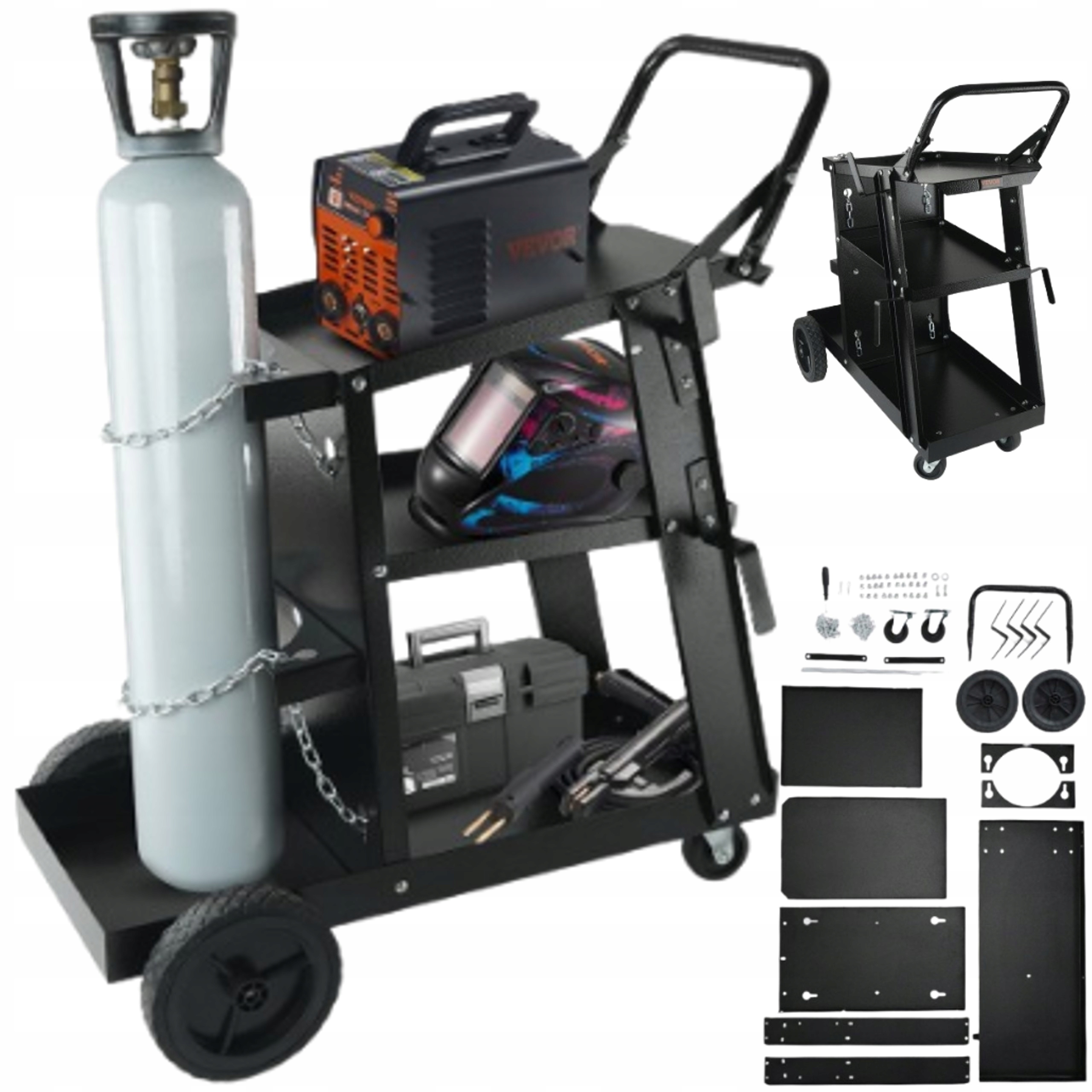 Svářečský Vozík na láhve do 170 kg s policemi a řetězem pro svařovací stroje Migomatu