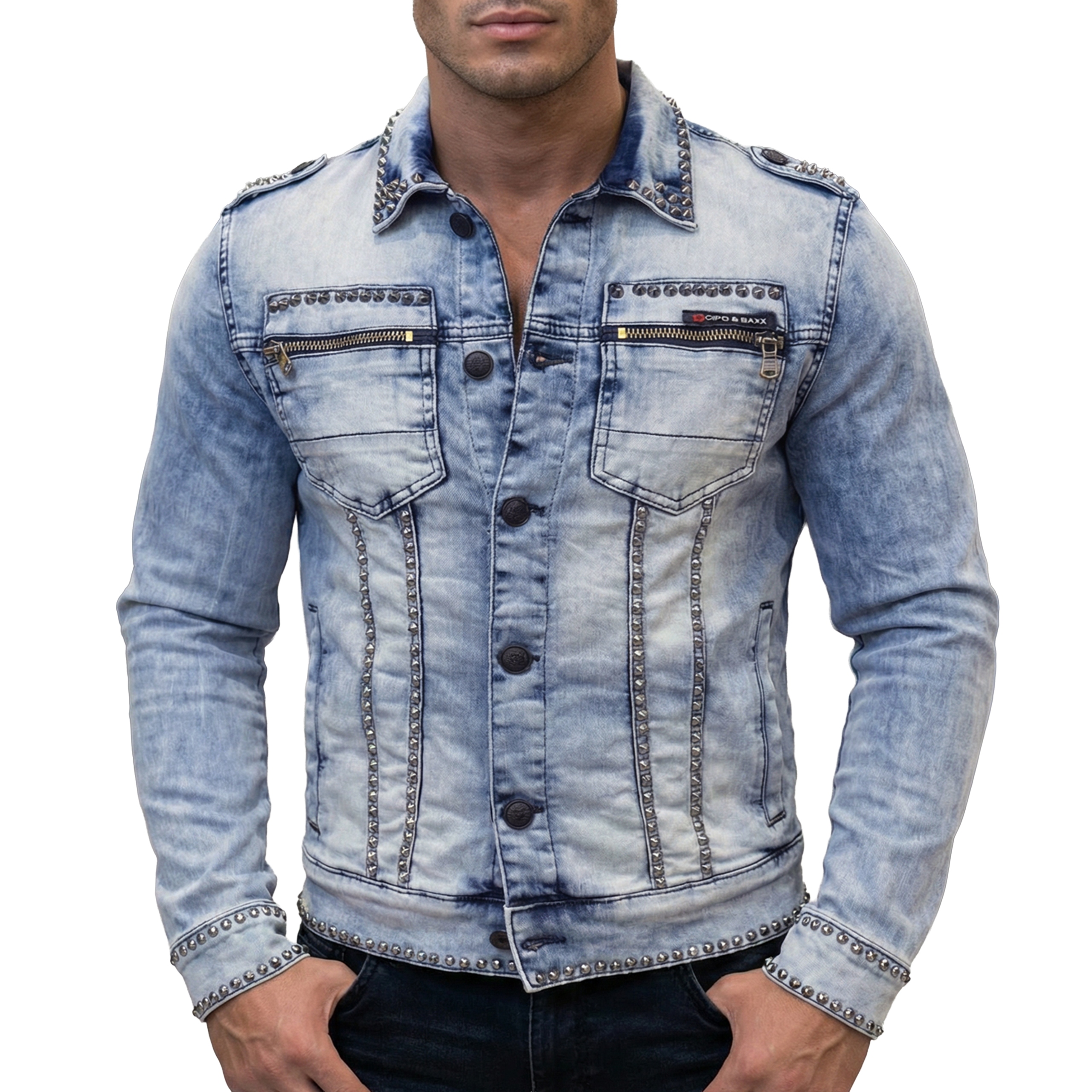 Bunda Cipo Baxx Jeans Katana Přetíratelná Cvočky s elastanem Zipy Modrá