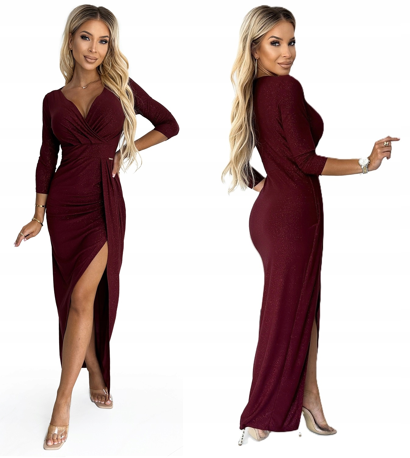 Banketové Dlouhé Lesklé Šaty S Hlubokým Výstřihem Bordó Xs