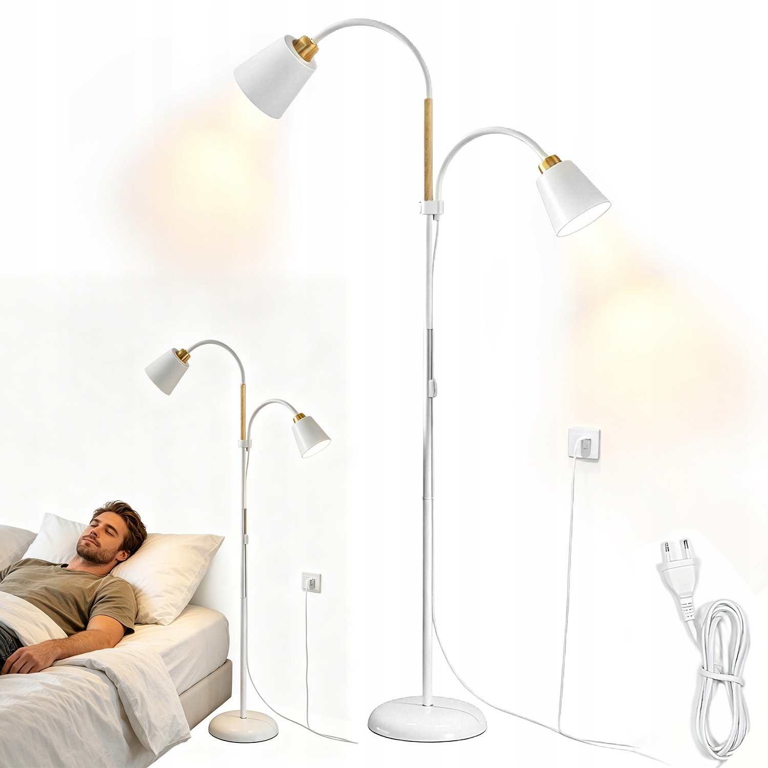 Regulovatelná Podlahová Lampa 2 Body E27 Bílá Dřevěná Do Pokoje