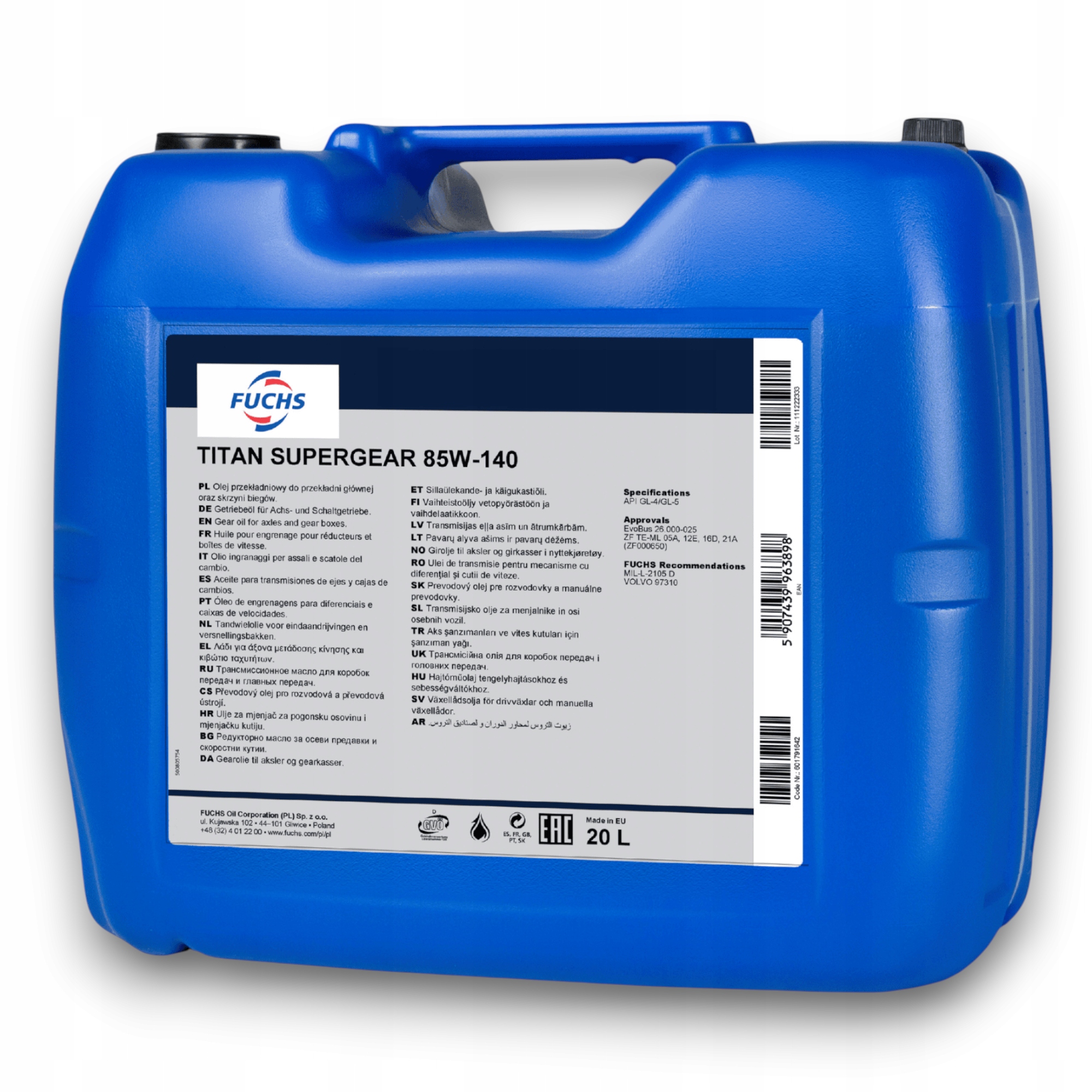 Wytrzymały Olej Przekładniowy Fuchs Titan Supergear 85W-140 20L