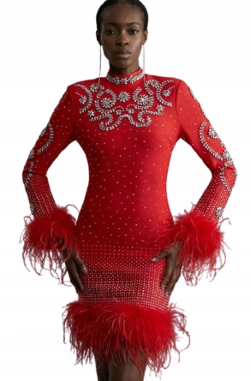 Karen Millen Červená Šaty S Ozdobami A Dlouhým Rukávem S B1D