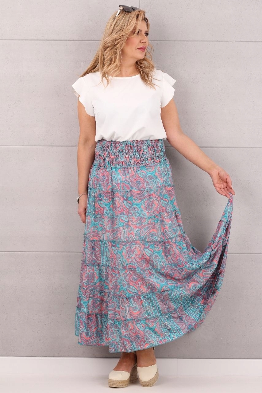 ZWIEWNA SPÓDNICA NA LATO DŁUGA WYSOKI STAN PLAŻOWA ROZMIAR UNIWERSALNY Wzór dominujący mix wzorów