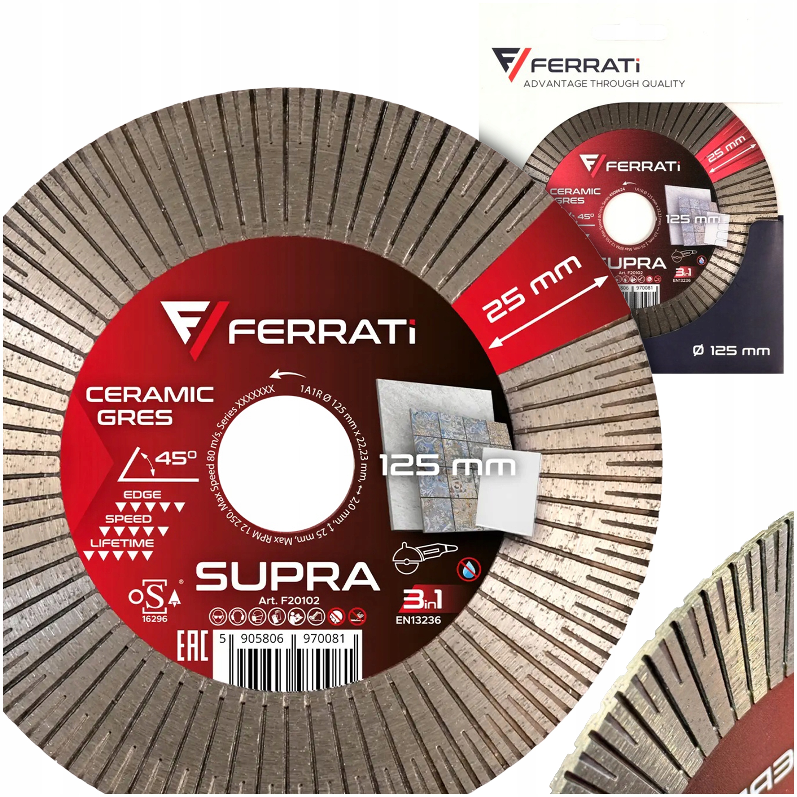 Tarcza diamentowa 125 mm do gresu płytek cięcia i szlifowania Ferrati Supra