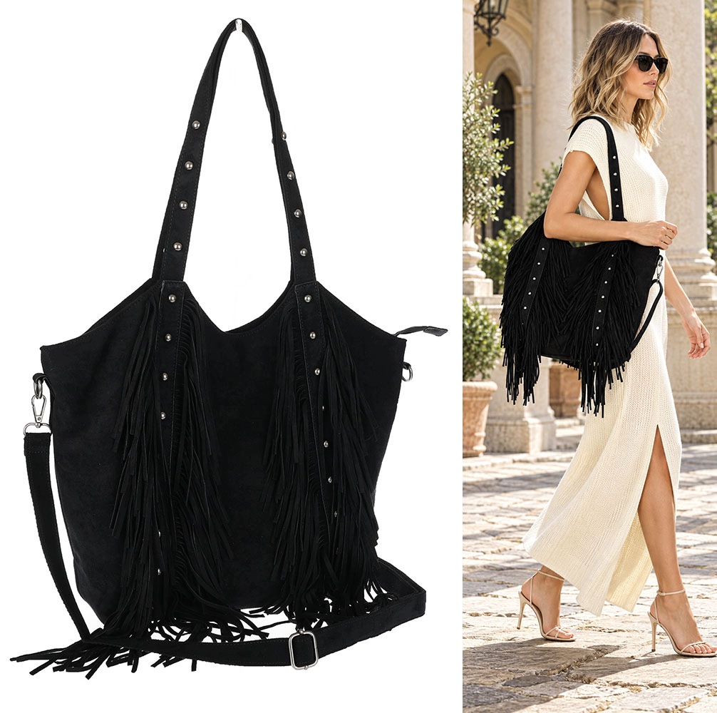 Dámská kabelka Semišová Třásně Shopper Taška přes rameno L3940 Černá