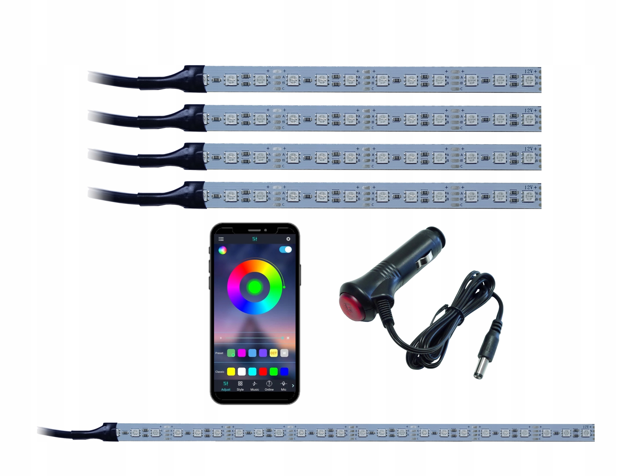 Oświetlenie auta RGB 4x12LED + bagażnik BLUETOOTH