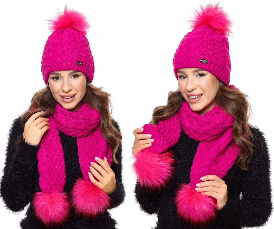 Dámský komplet čepice s bambulí a zimní šálou, šála polský