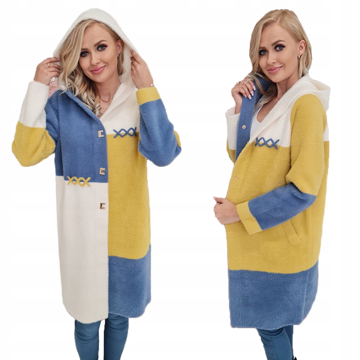 Dlouhá Alpaka Premium Vlněná Bunda S Kapucí Modrá-ecru-hořčicová