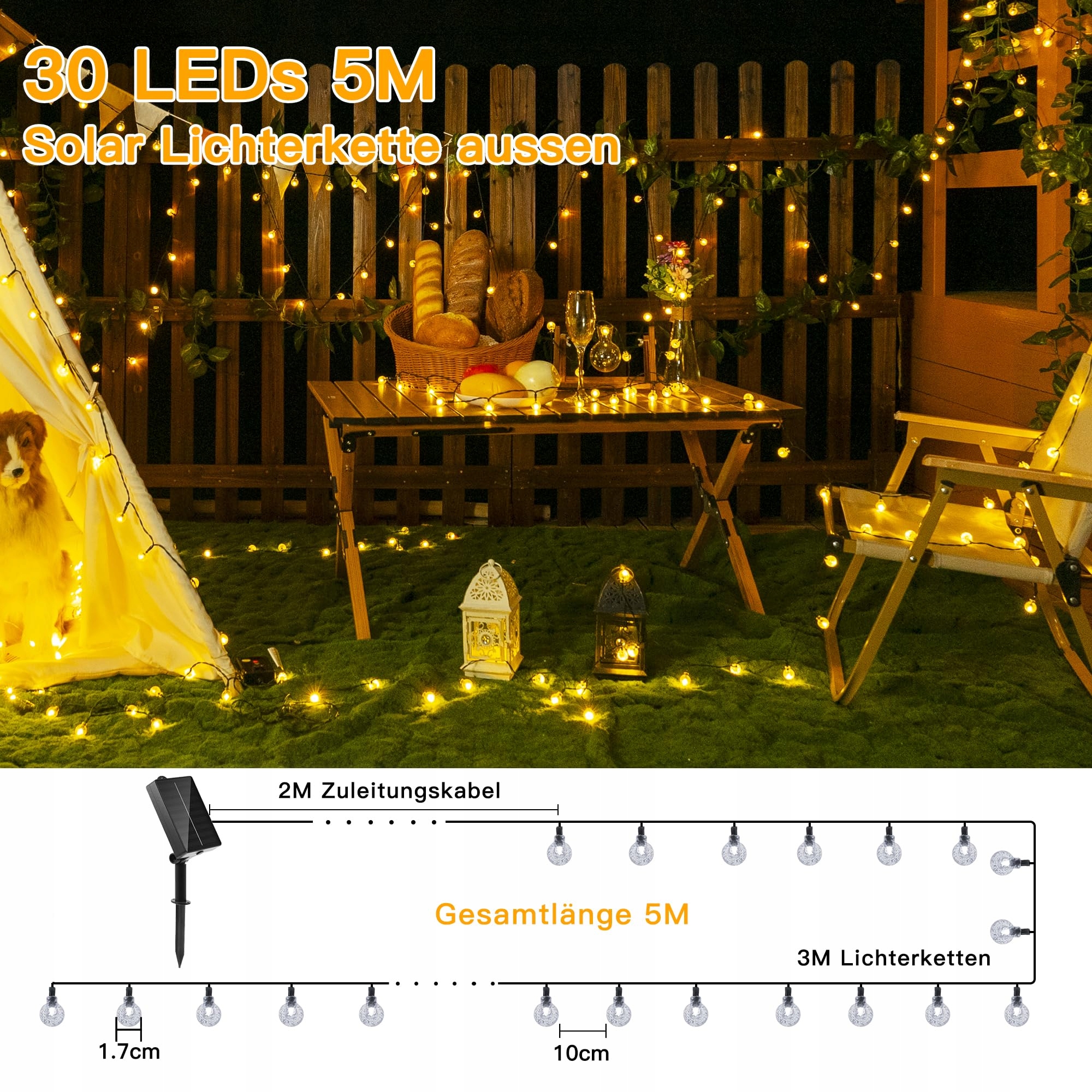 OLLNY Solarna Girlanda Zewnętrzna 5M 30 LED IP65 Wodoodporna 8 Trybów — miniatura 2