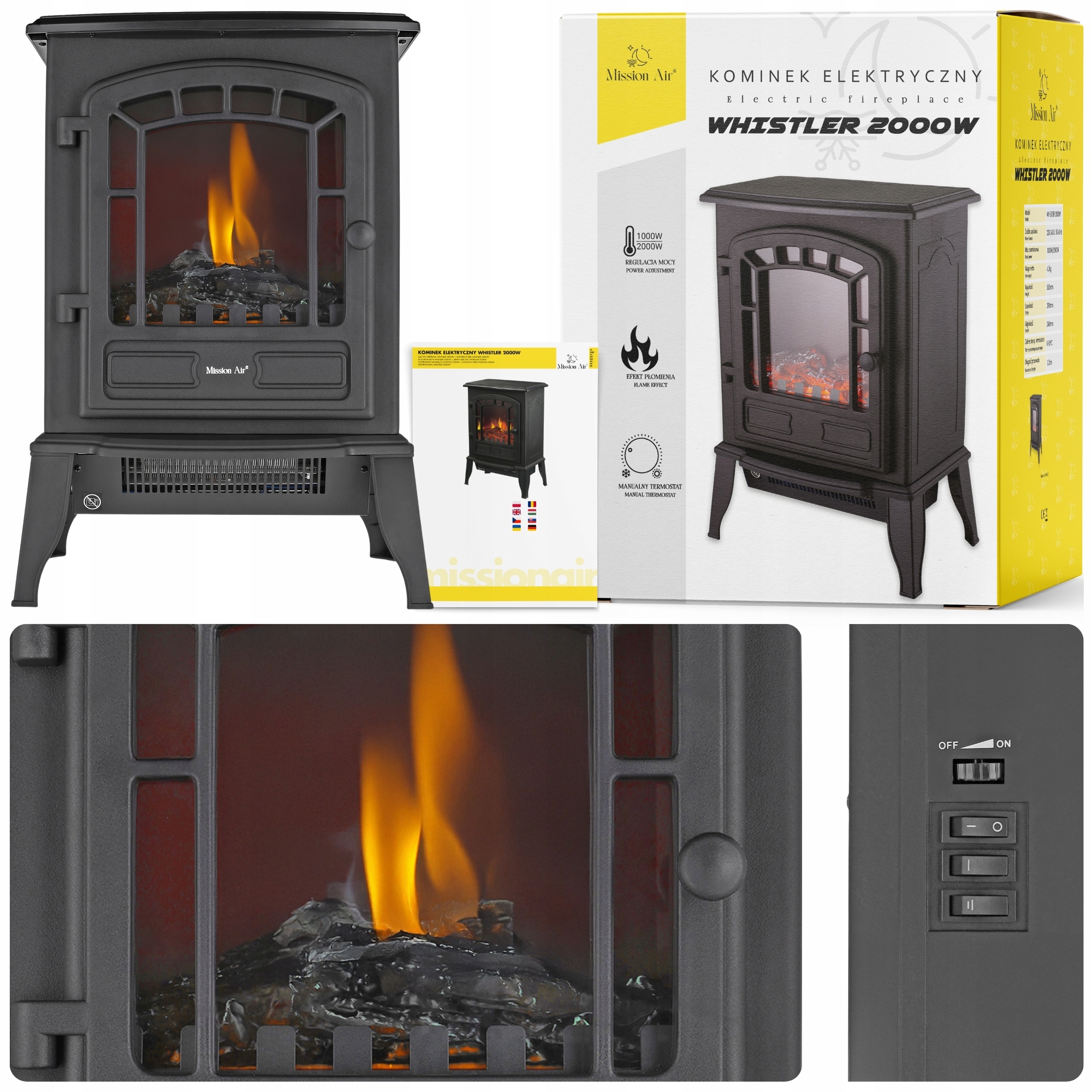 Stojanový krb Mission Air černý s funkcí topení 2000 W
