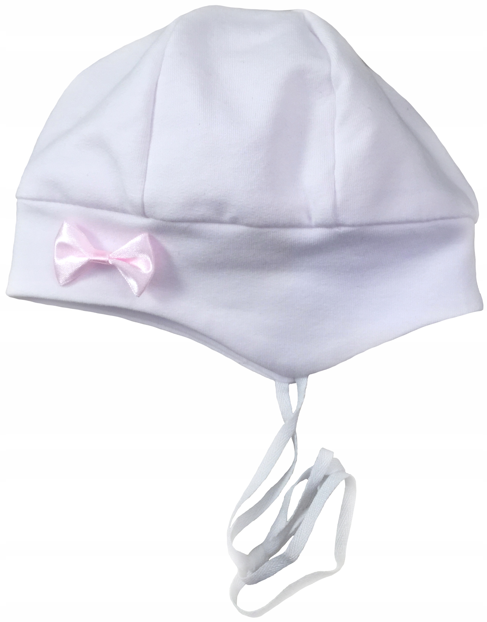 

Czapeczka wiązana biała z różową kokardą 74 cm +6m