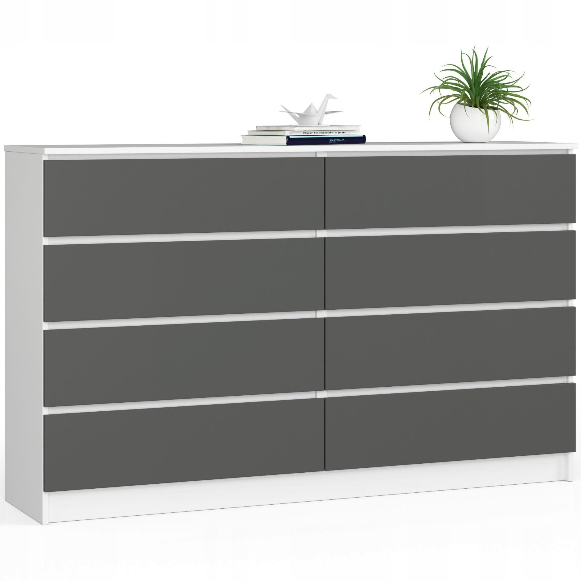 Komoda salon bezuchwytowa szafka 160 cm 8 szuflad duża Biała Grafit Szary