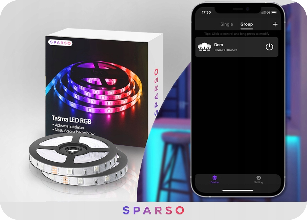 TAŚMA LED RGB KOLOROWA 5M LEDY 230V 12V z PILOTEM APLIKACJA MUZYKA Zestaw Stan opakowania oryginalne