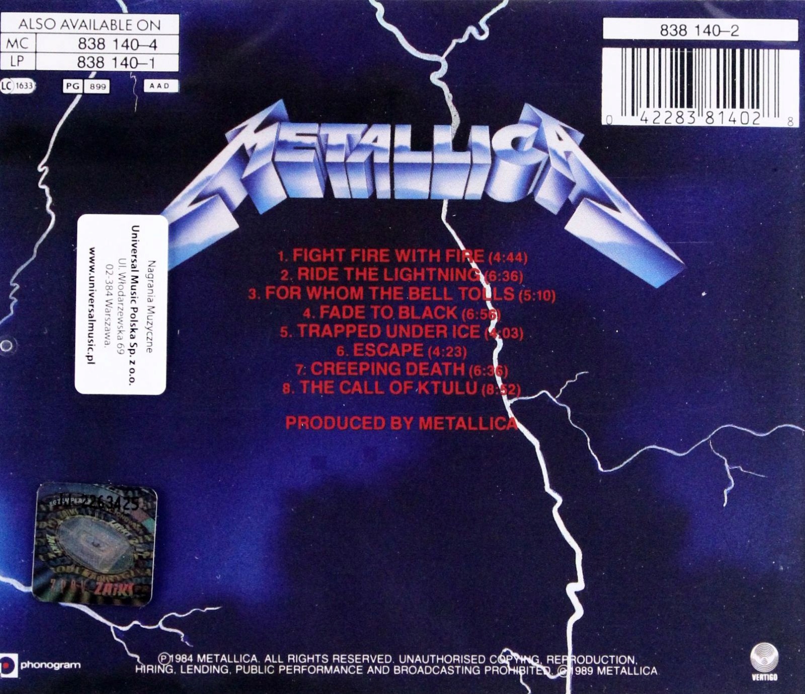 METALLICA: RIDE THE LIGHTNING (CD) Stan opakowania oryginalne