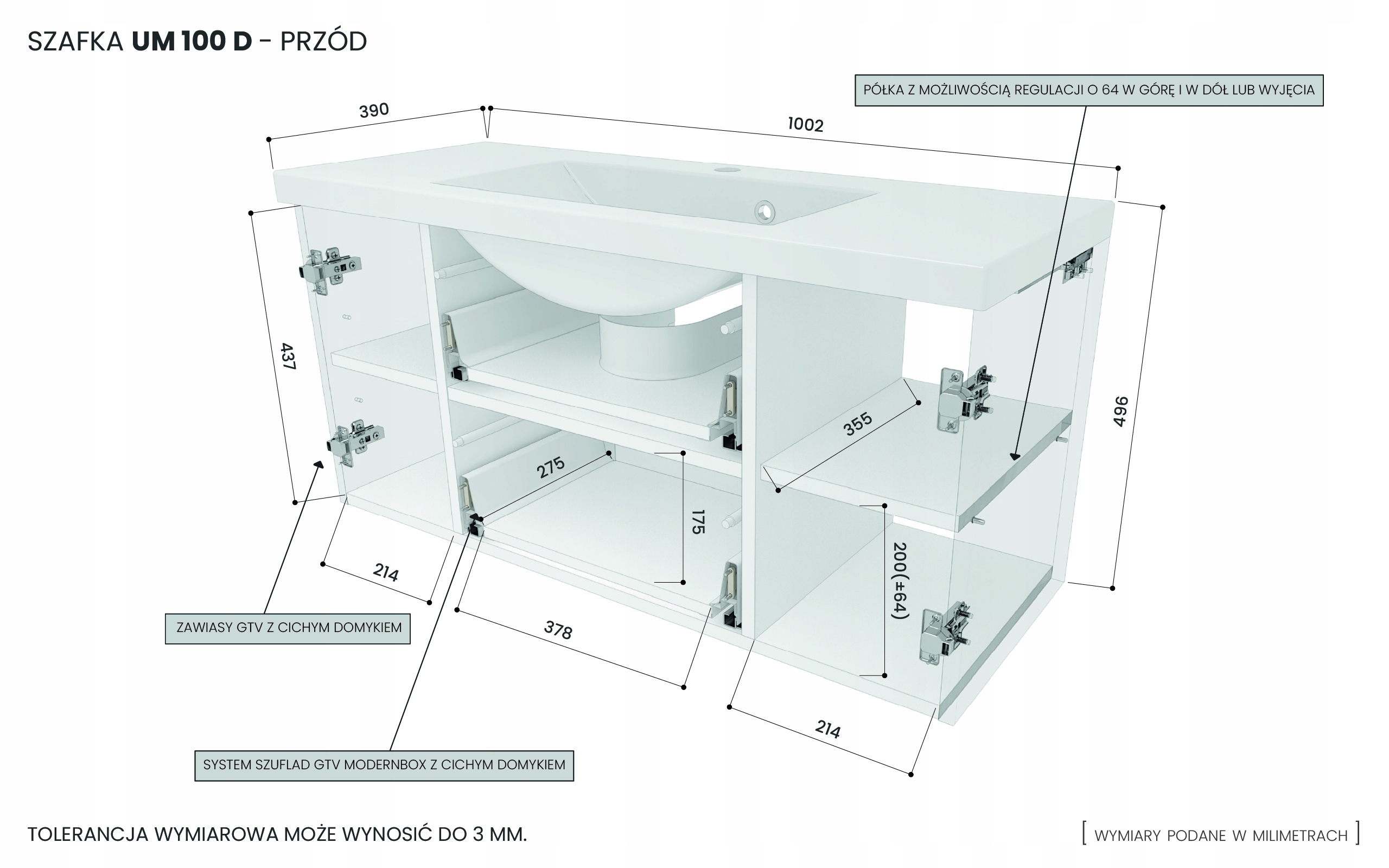 Szafka Z Umywalką RON 100 cm D - Szary Wysoki Połysk - Uchwyty Białe Mat Kolor mebla szary