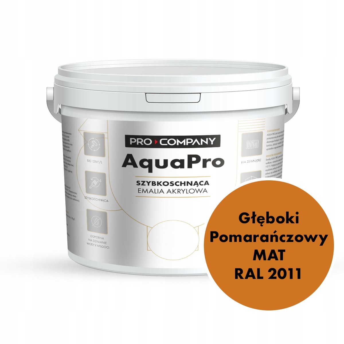 Aqua Pro Emalia Akrylowa Szybkoschnąca 9L Głęboki Pomarańczowy Mat Ral 2011