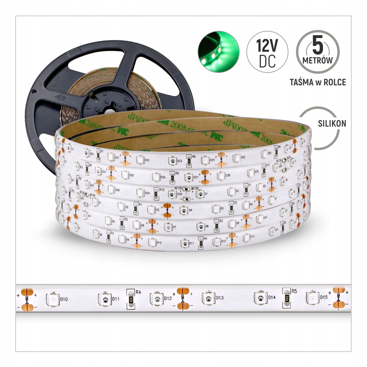 TAŚMA 60LED 3528 12V ZIELONA SILIKON 4,8W/1m / 5 M