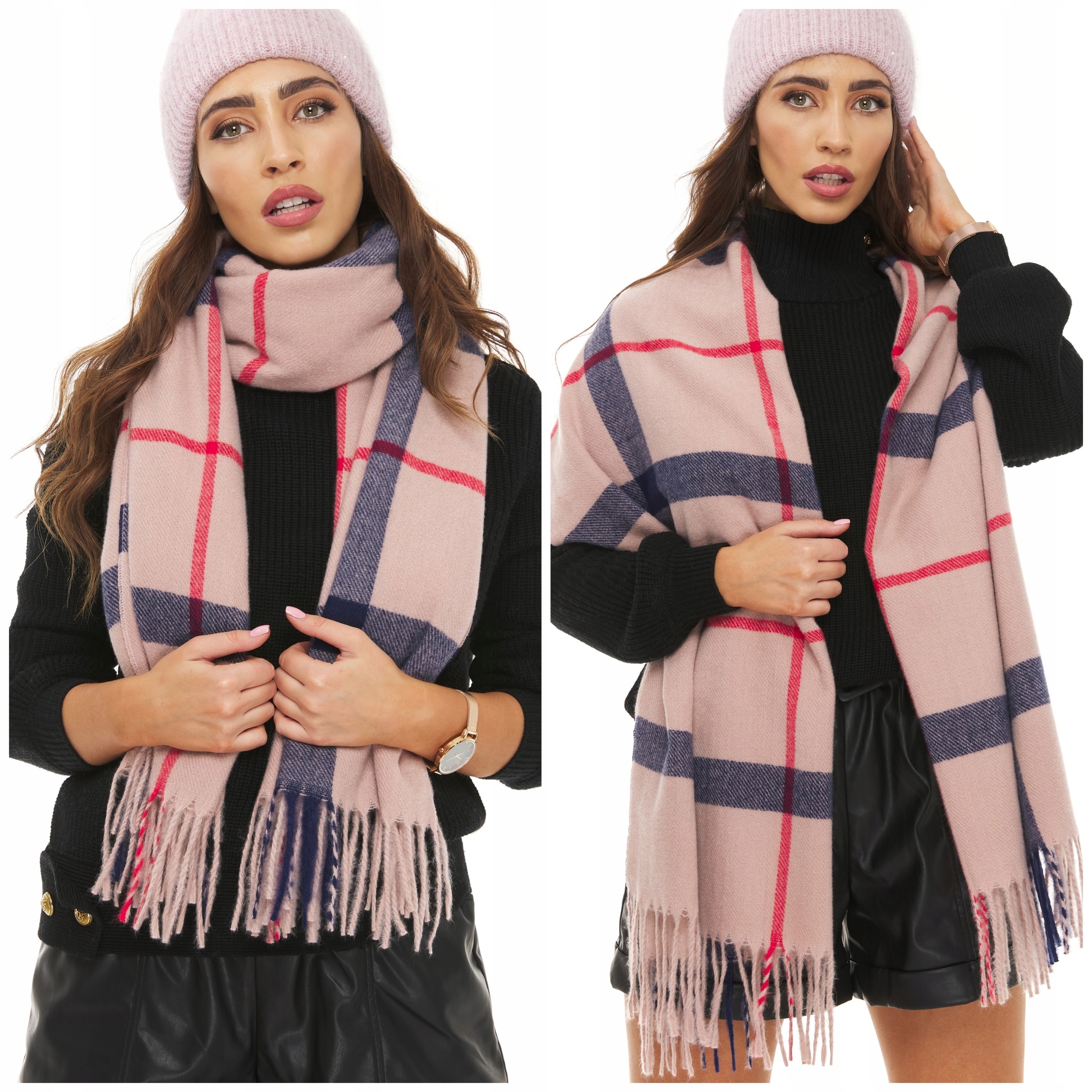 

Szal Szalik Ciepły krata frędzle beż pudrowy róż