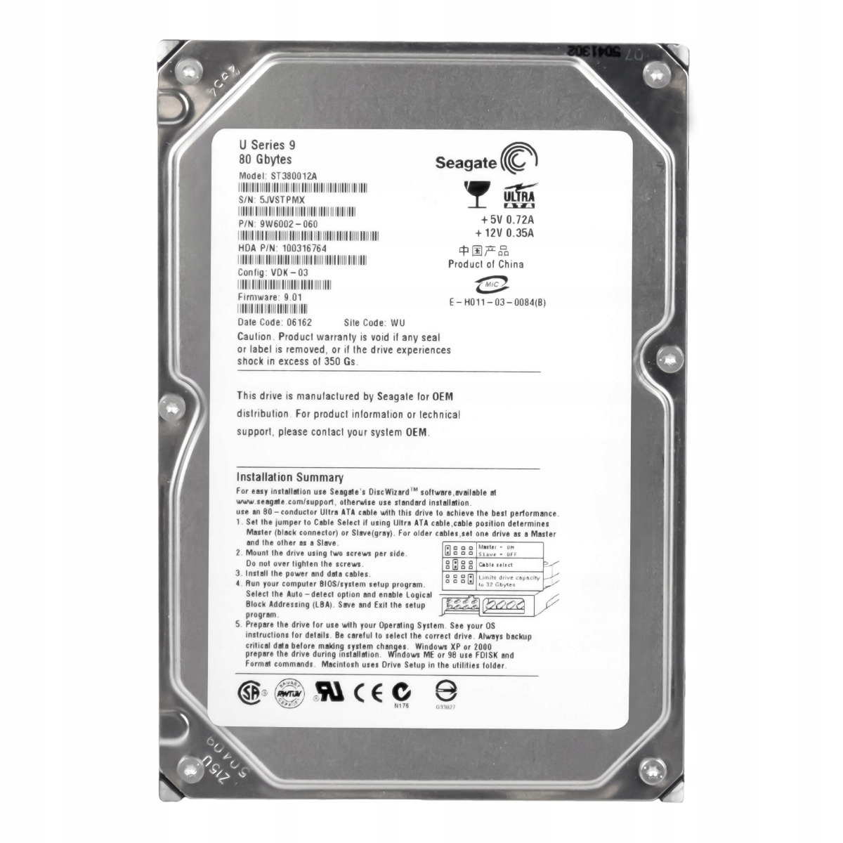 Seagate U Série 9 80GB 7.2K Ata 3.5'' ST380012A